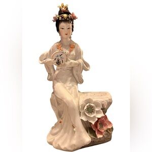 Elegant Vintage Ceramic Geisha Girl Figurine with Floral Accents